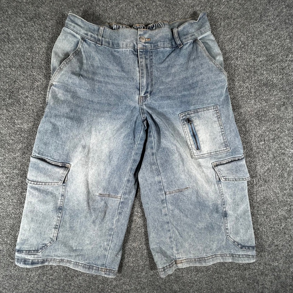 Madden Girl Denim Cargo Shorts Womens Size L Blue Rayon Blend Longline Relaxed